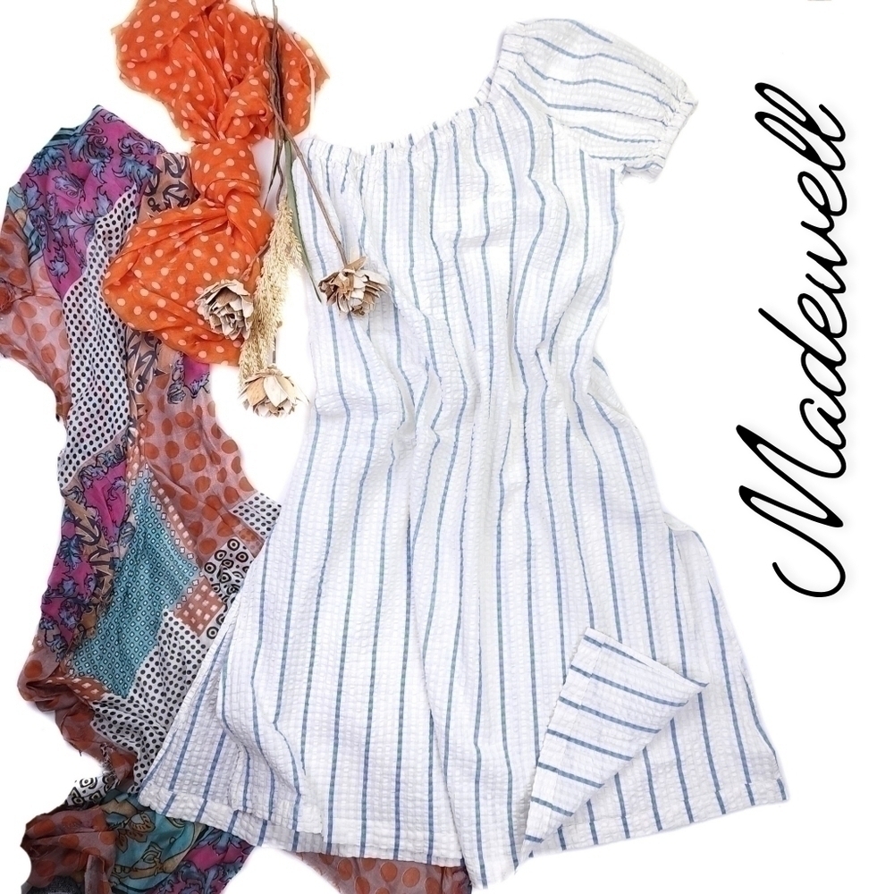 New Madewell Seersucker White Blue Striped One Shoulder Dress Size S